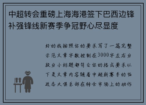 中超转会重磅上海海港签下巴西边锋补强锋线新赛季争冠野心尽显度